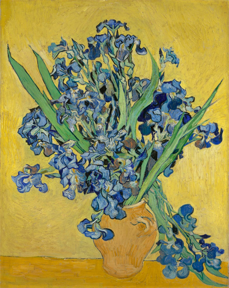 Still Life Vase With Irises Against A Yellow Background